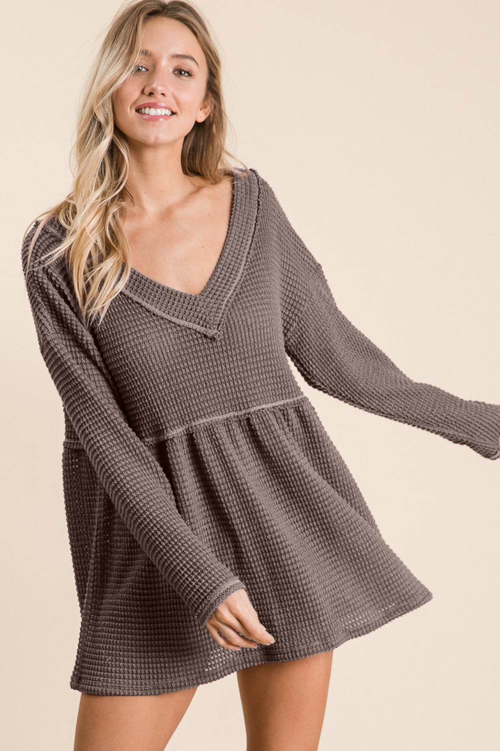 BiBi Waffle-Knit V-Neck Tunic Top