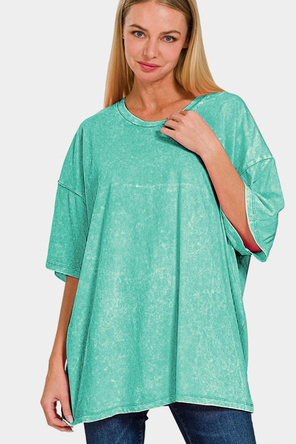 Zenana Color Washed Oversized Round Neck Short Sleeve Tunic T-Shirt in Turquoise Green