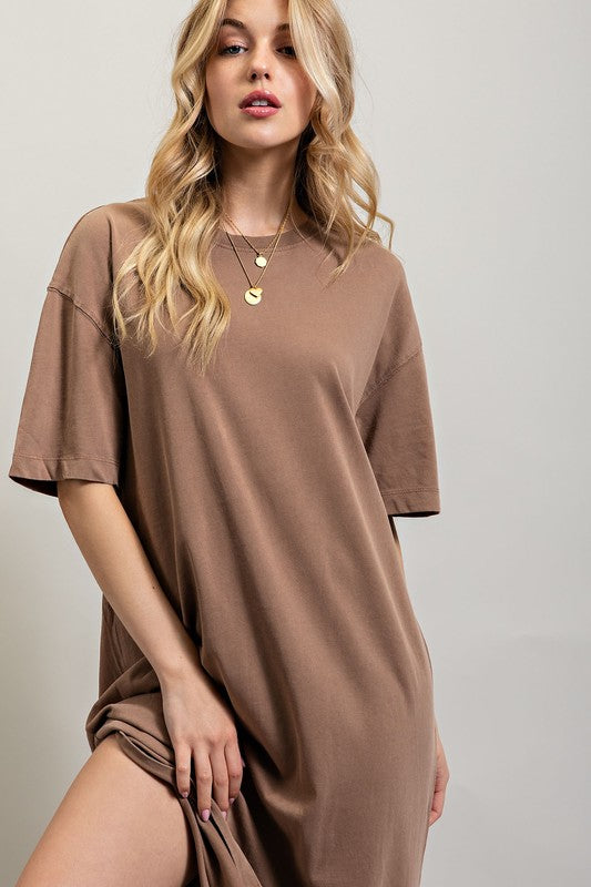 Sweet Generis Washed Cotton Half Sleeve T-Shirt Midi Dress in Charcoal or Taupe