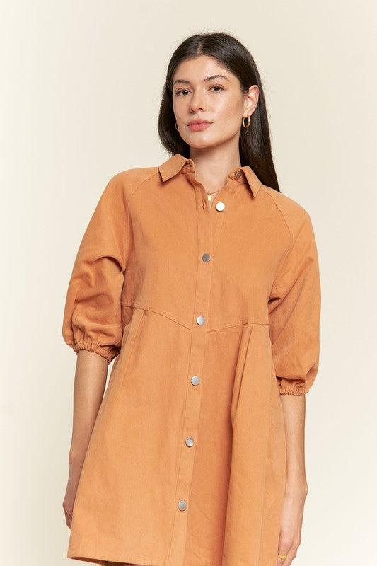 Jade By Jane Washed Denim Collared Button Front Puff Sleeve Mini Dress in 2 Colors