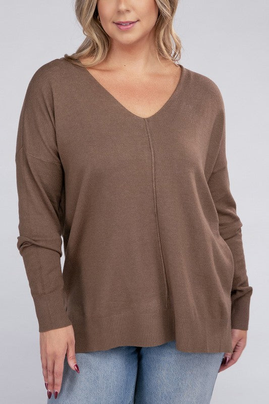 Zenana Plus Size Front Seam V-Neck Tunic Sweater