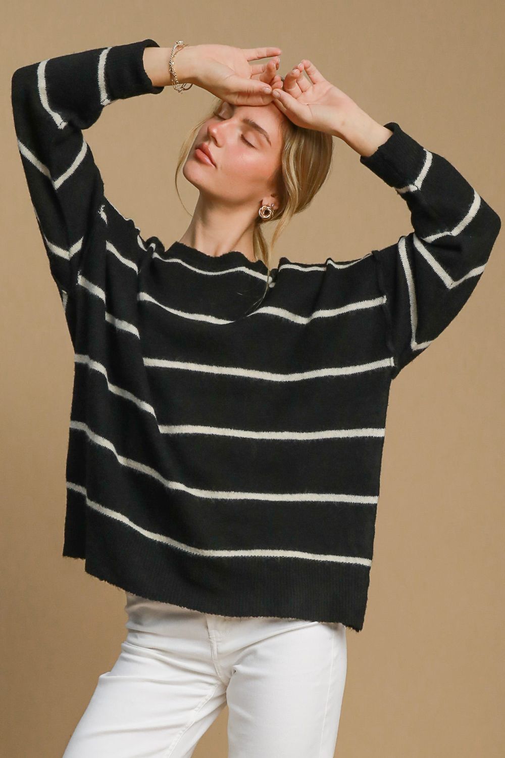 Umgee Wool Blend Striped Ribbed Knit Round Neck Sweater in Black/Cream NWT