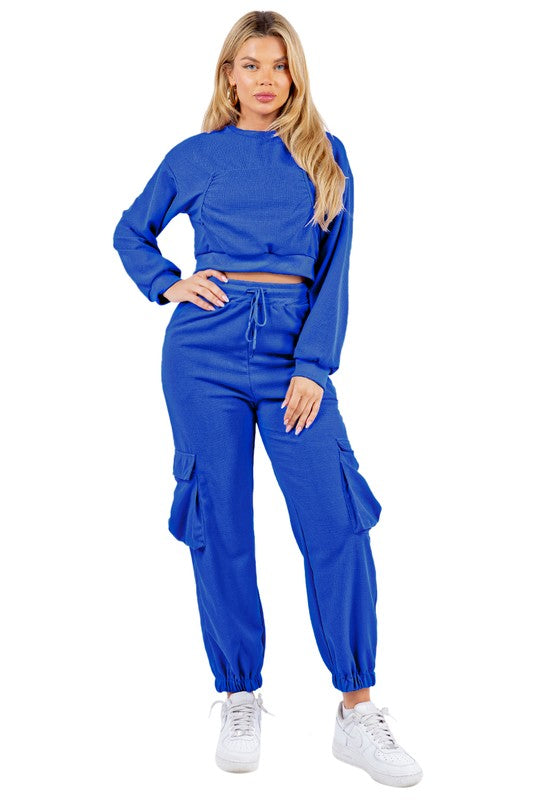 BY CLAUDE TWO PIECE LONG SLEEVE CROP TOP AND CARGO PANTS SWEATSUIT