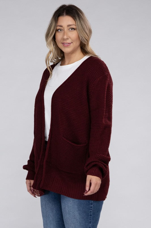 Zenana Plus Waffle-Knit Open Front Tunic Cardigan Sweater with Pockets in 5 Colors