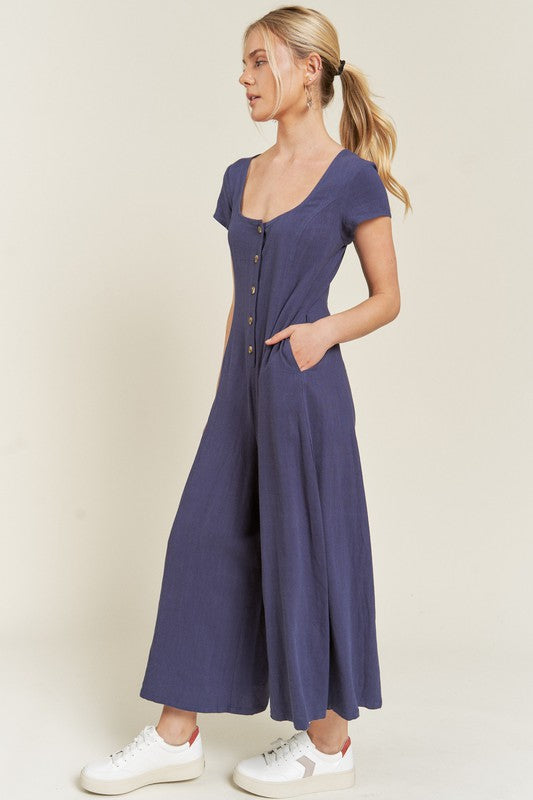 Jade by Jane Linen Button-Down Wide Leg Jumpsuit in Navy and Mustard