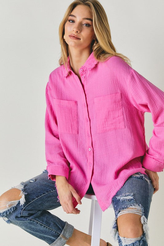 Davi & Dani Cotton Gauze Button Down Long Sleeve Shirt in 2 Colors