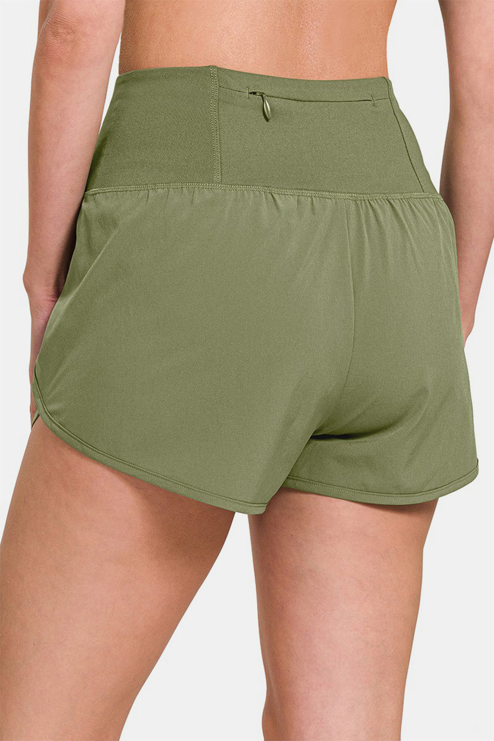 Zenana Two Layer Back Pocket Activewear Shorts in Light Olive