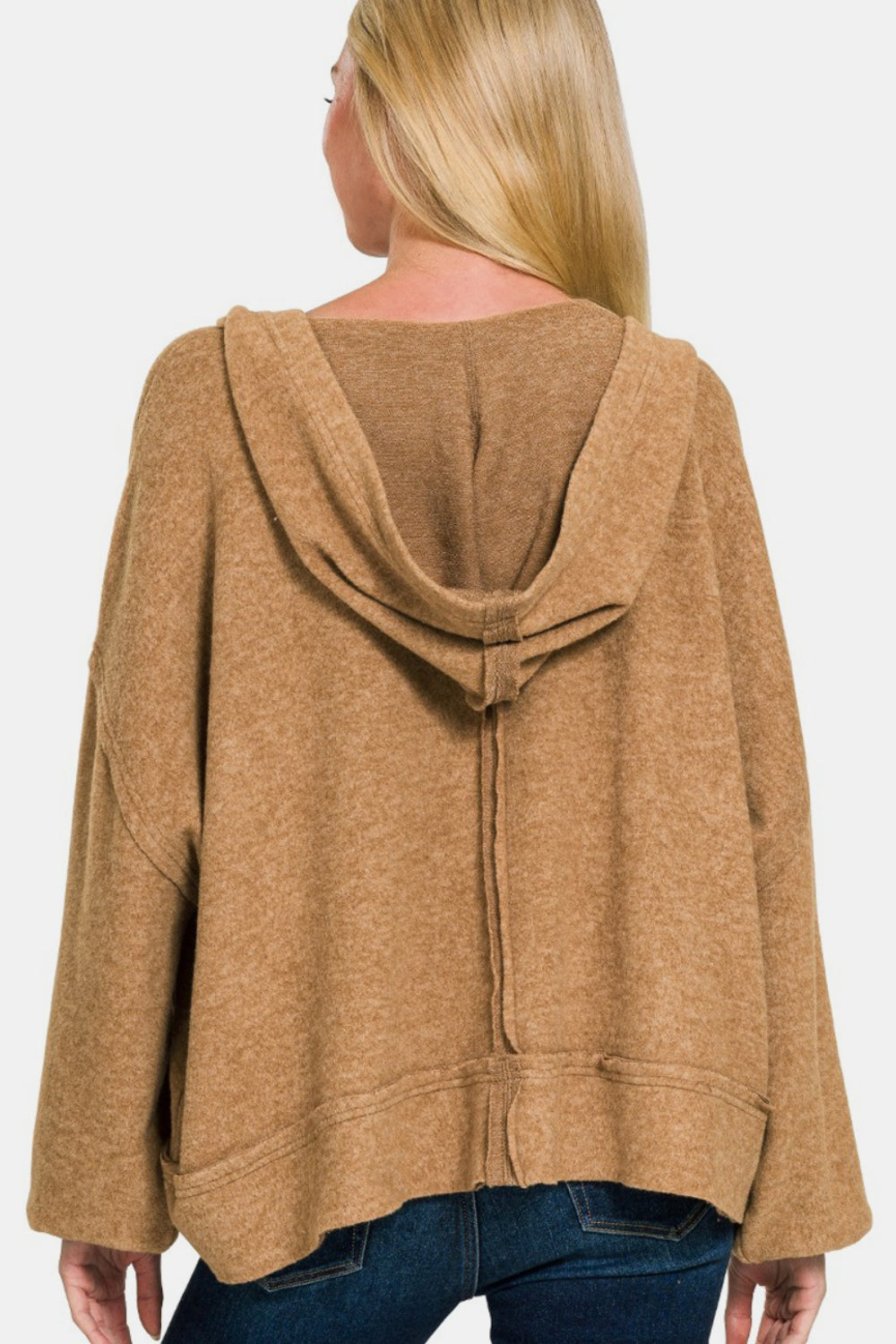 Zenana Brushed Hacci Exposed Seam Round Neck Hoodie Sweater in Deep Camel Brown NWT