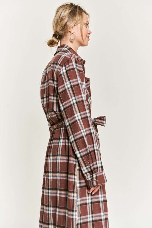 JADE BY JANE PLUS SIZE PLAID LONG SLEEVE BUTTON FRONT MIDI DRESS IN 3 COLORS