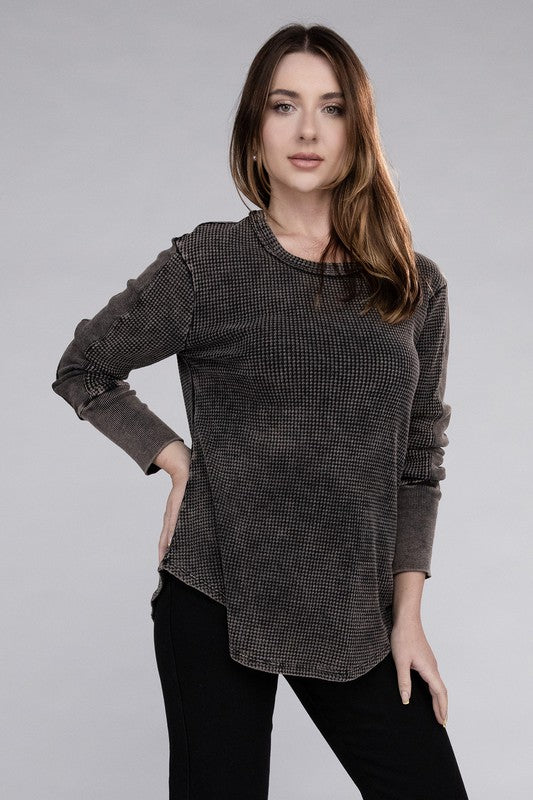 Zenana Washed Waffle-Knit Raw Hem Long Sleeve Tunic T-Shirt in 4 Colors