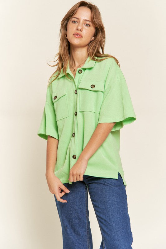 Jade By Jane Plus Size Smiley Face Button-Down Short Sleeve Shirt in 3 Colors