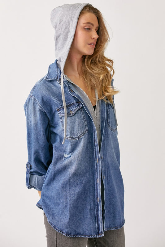 RISEN Contrast Full Zip Hooded Denim Shirt