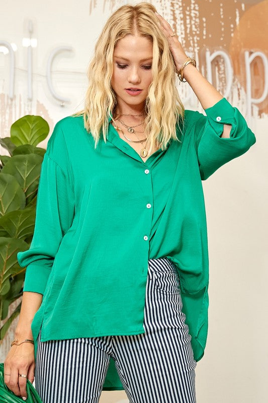 Sweet Generis Satin Long Sleeve Button-Down Top in 6 Colors