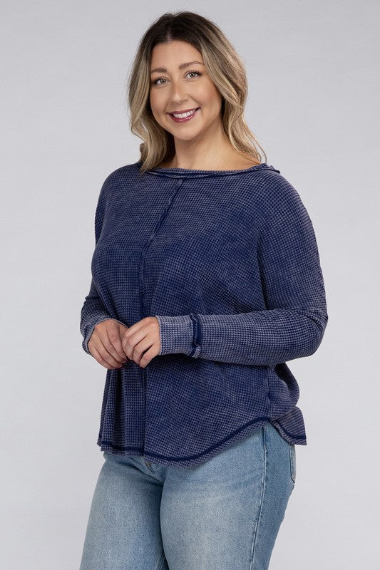 Zenana Plus Color Wash Waffle-Knit Exposed Seam Long Sleeve Boat Neck Top in 2 Colors