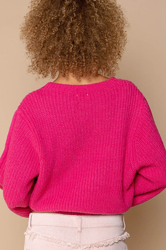 POL Oversized Soft Knit Balloon Sleeve Cropped Round Neck Sweater in Hot Pink NWT