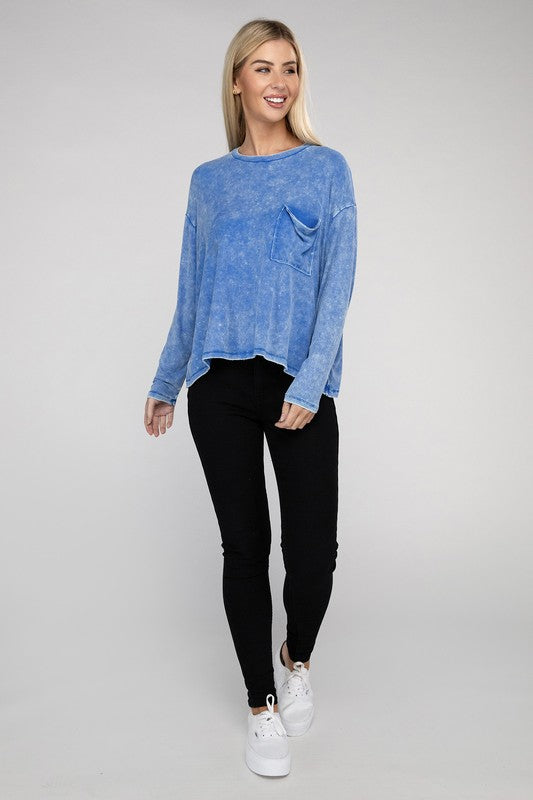 Zenana Color Washed Chest Pocket Long Sleeve T-Shirt in 3 Colors