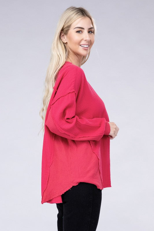 Zenana Double Cotton Gauze Oversized Raw Hem Henley Shirt in 8 Colors