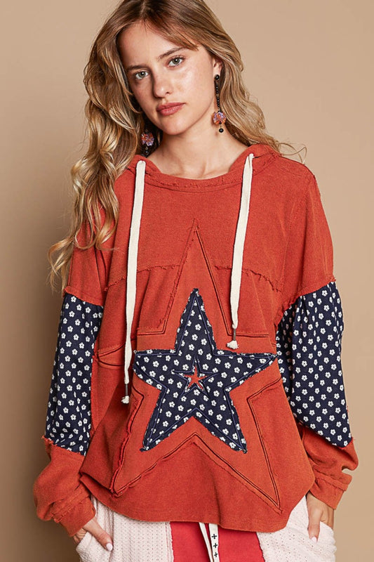 POL Star Patchwork Raw Edge French Terry Hoodie T-Shirt Top in Orange Brick