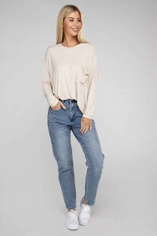 Zenana Color Washed Chest Pocket Long Sleeve T-Shirt in 3 Colors