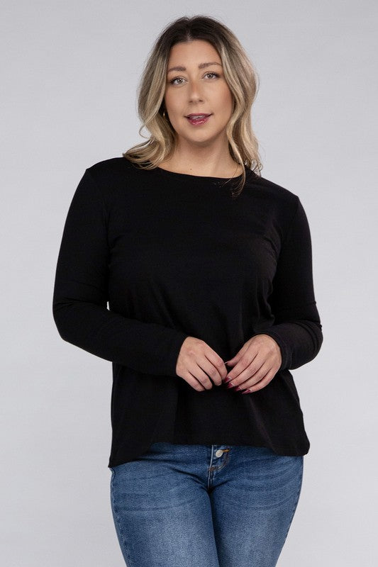 Zenana Plus Cotton Crew Neck Long Sleeve T-Shirt in 3 Colors