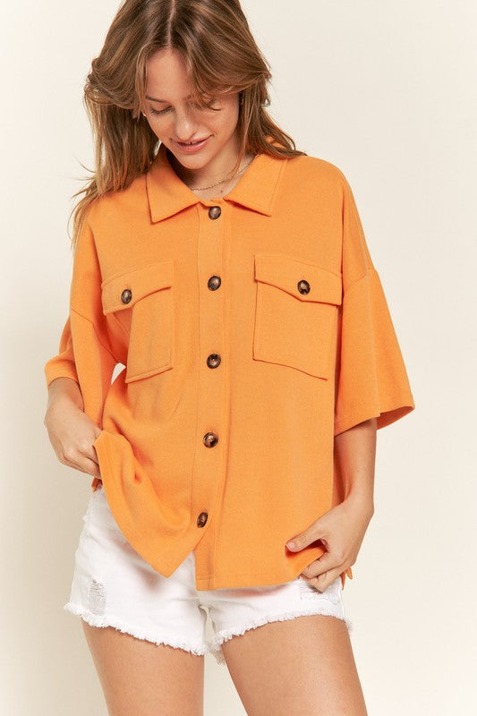 Jade By Jane Smiley Face on Back Button-Down Short Sleeve Shirt in 3 Colors