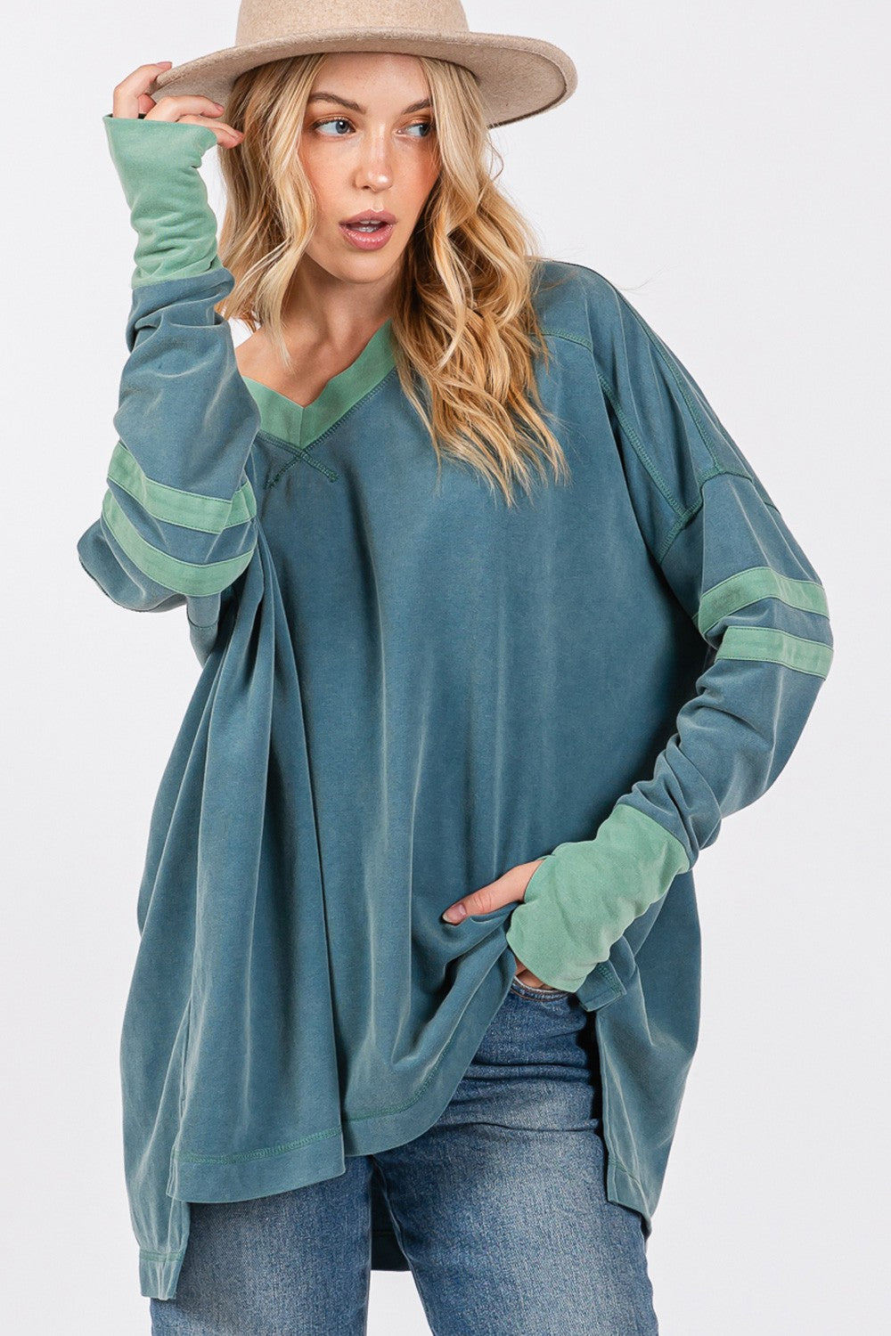 SAGE + FIG Mineral Wash Contrast Oversized V-Neck Tunic Top in Teal Blue Multi