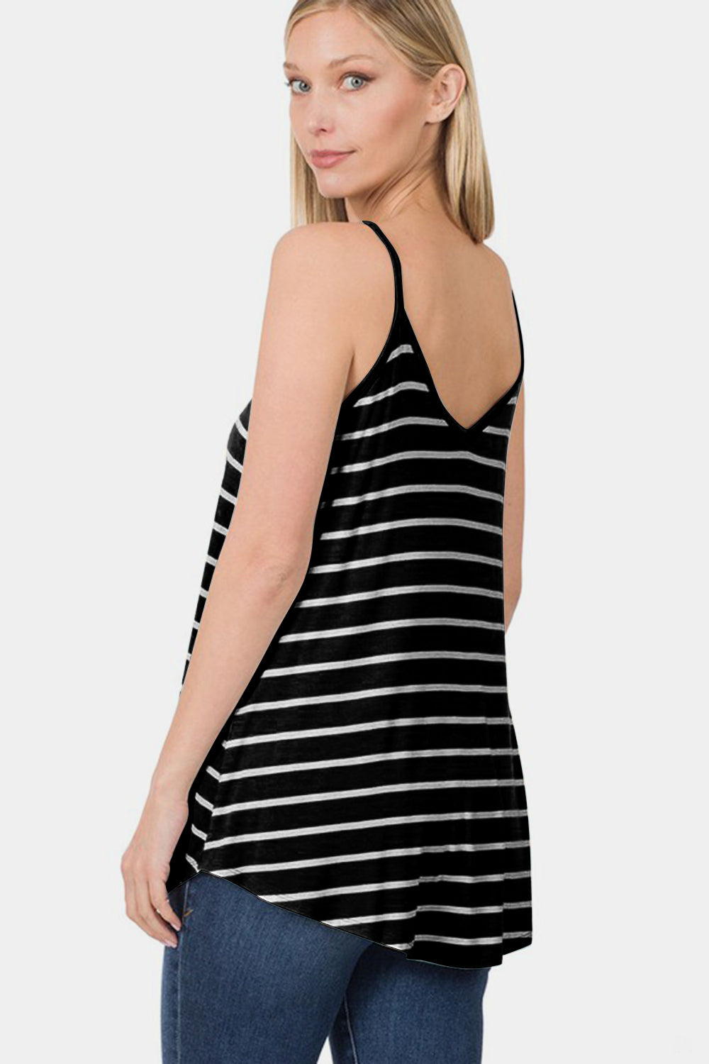 Zenana Double V-Neck Tunic Cami Tank in Black Stripe