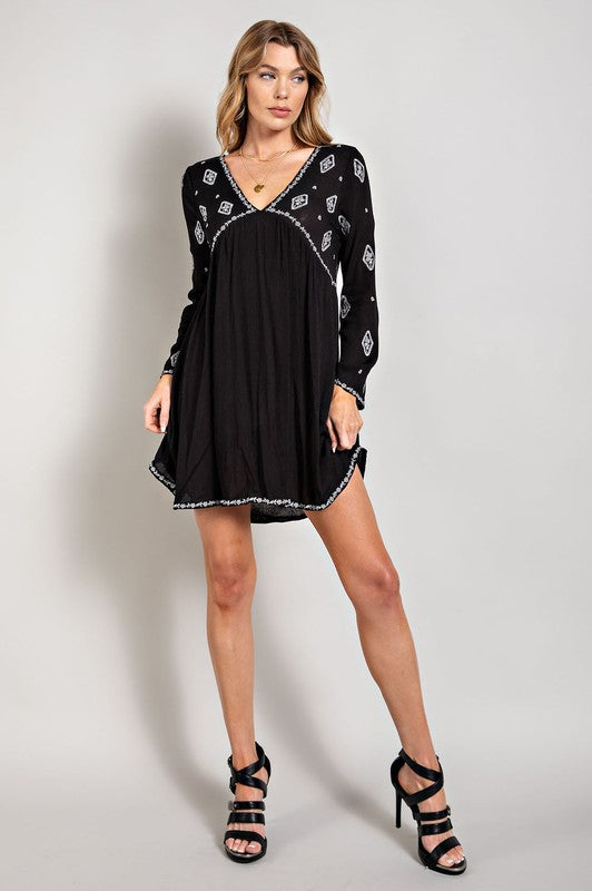 Sweet Generis Embroidered Long Sleeve Surplice Mini Dress in Black