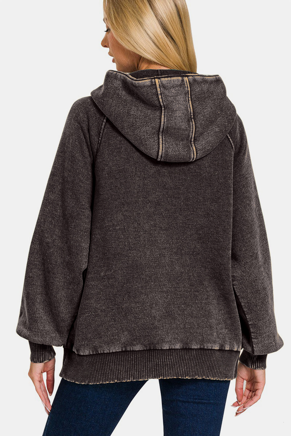 Zenana Acid Wash Half Zip Fleece Kanga Pocket Hoodie Sweatshirt in Ash Black