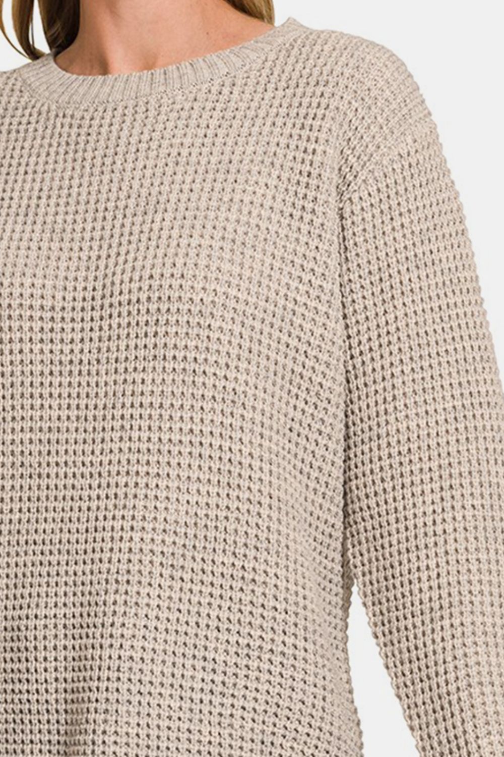 Zenana High-Low Hem Long Sleeve Waffle-Knit Tunic Sweater in Heather Mocha