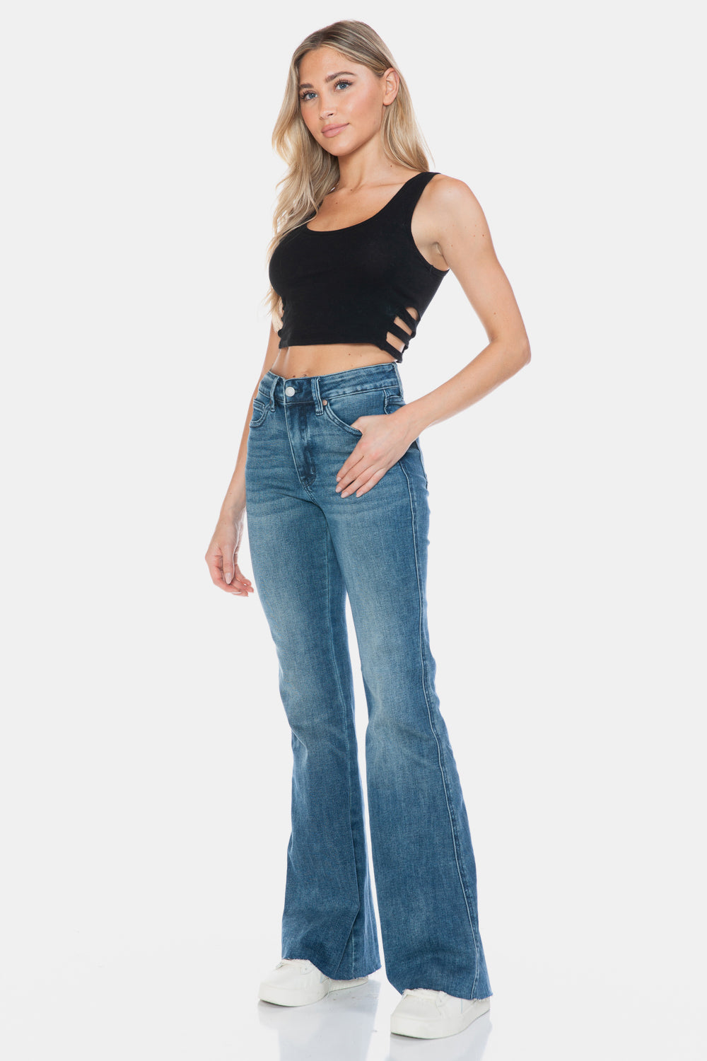 Judy Blue Full Size Tummy Control Raw Hem Flare Leg Jeans in Medium Wash Blue