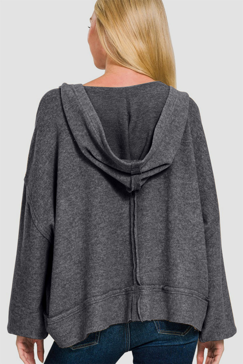 Zenana Brushed Hacci Exposed Seam Round Neck Hoodie Sweater in Black Marl NWT