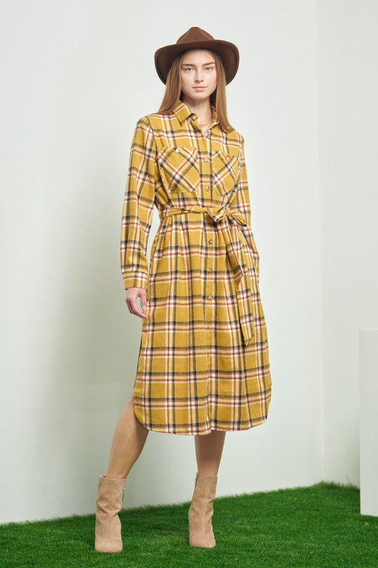 JADE BY JANE PLAID LONG SLEEVE BUTTON FRONT MIDI DRESS