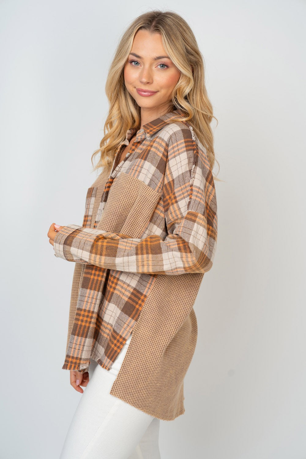 White Birch Plus Color Block Plaid Button-Down Shirt in Brown Multi NWT