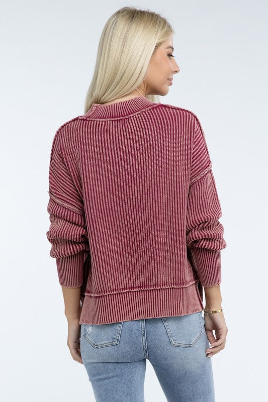 Zenana S/M L/XL Color Washed High-Low Hem Ribbed Cotton Sweater in 4 Colors