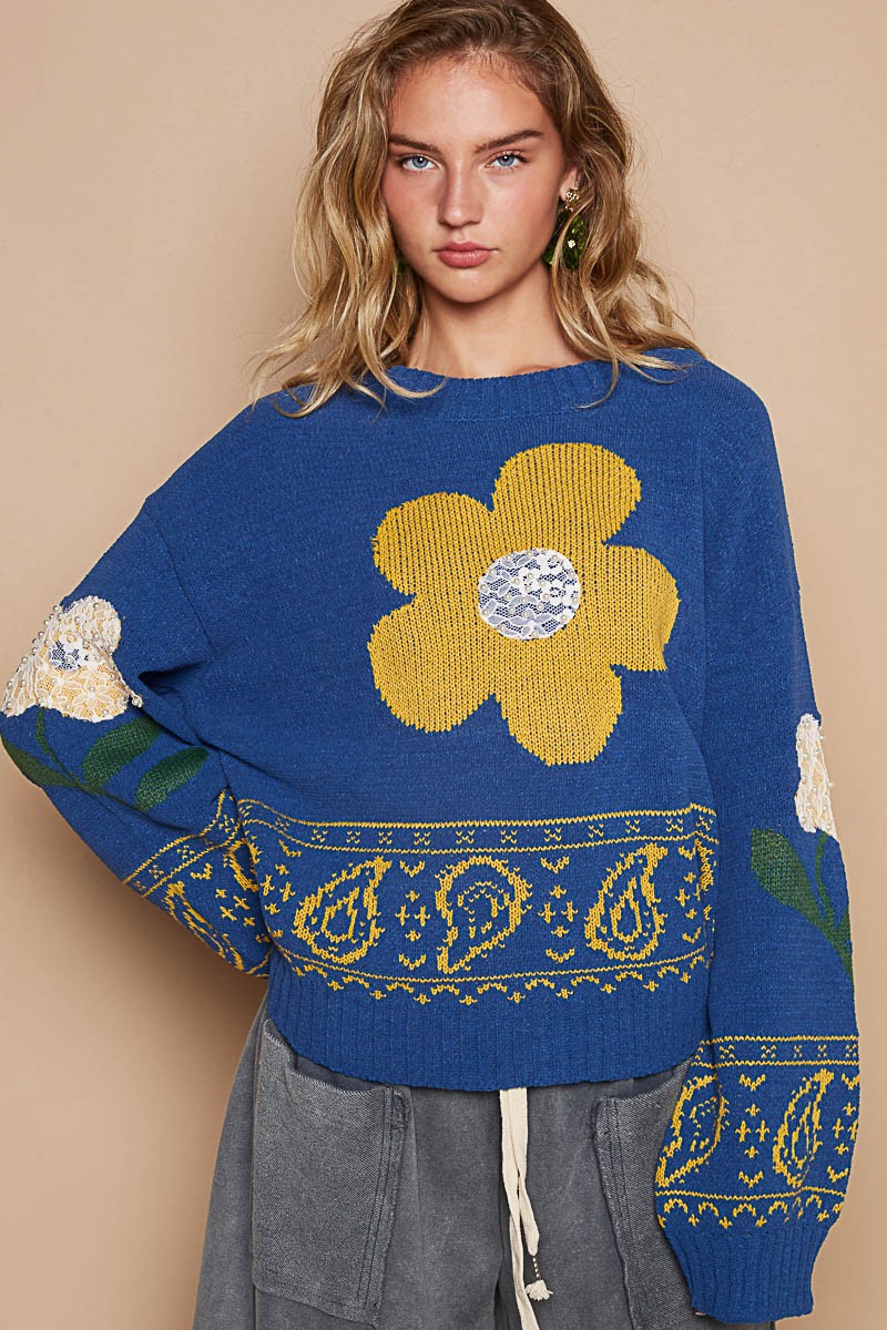 POL Flower Lace Patch Long Sleeve Sweater in Blue Multi