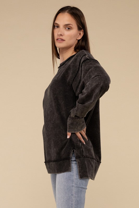 Zenana Acid Wash French Terry Exposed Seam Tunic Sweatshirt in Mocha or Ash Black