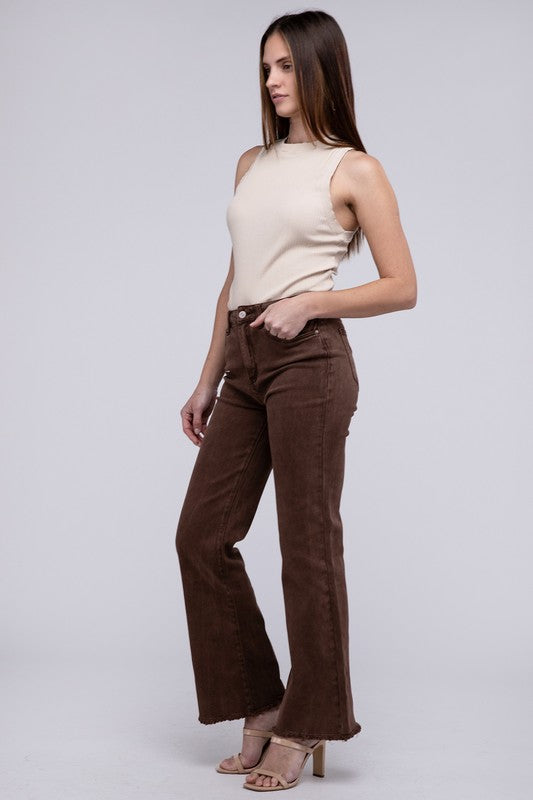 Zenana Color Washed Cotton Raw Hem Wide Leg Jeans in 6 Colors