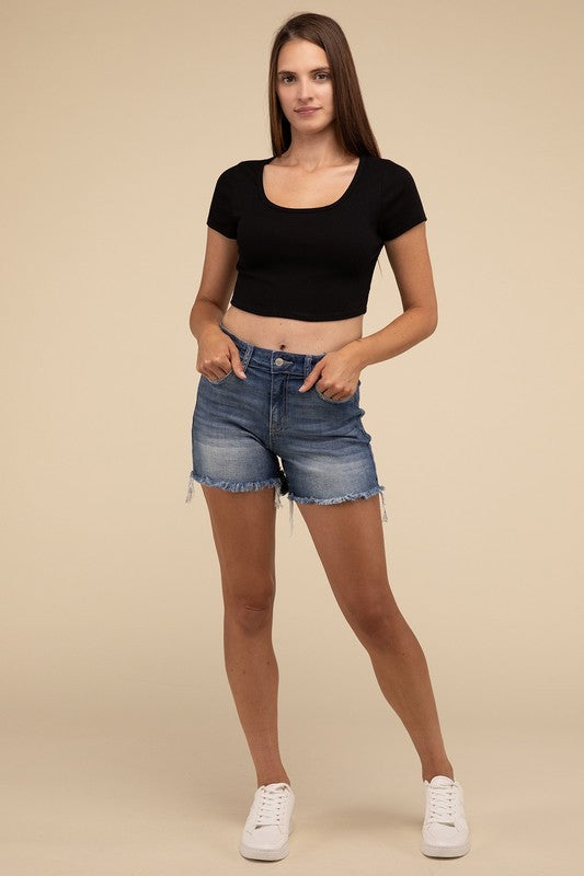 Zenana Mid Rise Raw Hem Denim Shorts