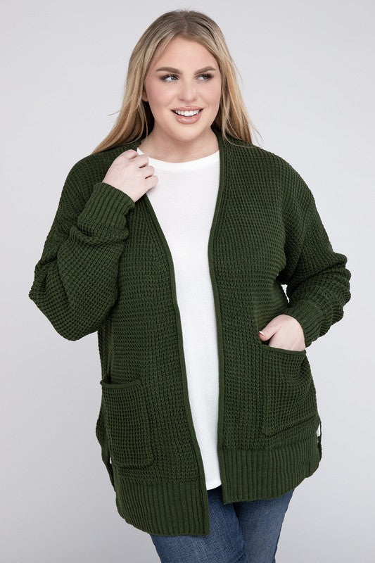 Zenana Plus Waffle-Knit Open Front Tunic Cardigan Sweater with Pockets in 4 Colors