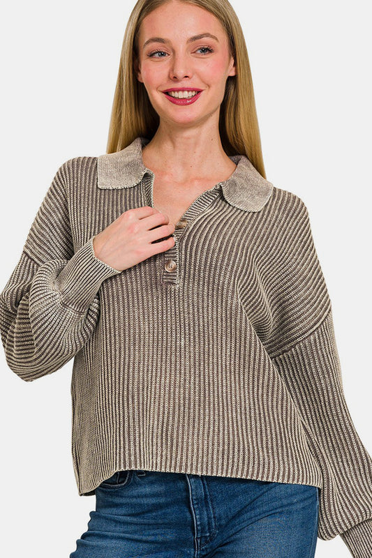 Zenana Color Wash Ribbed Half Button Collared V-Neck Sweater in Mocha Brown