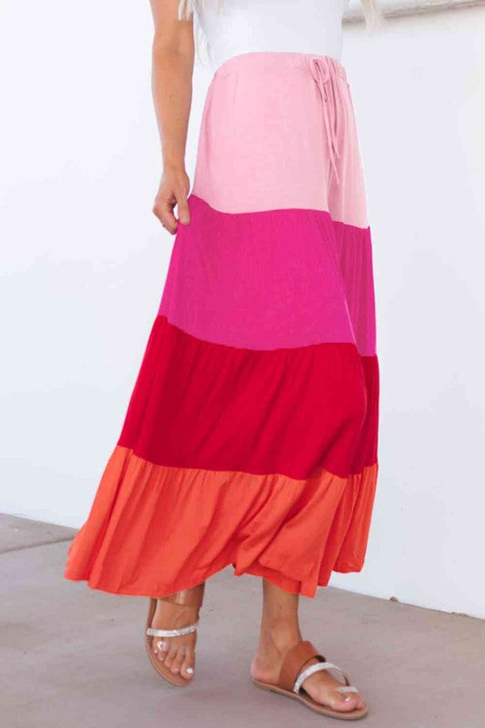 ClaudiaG Collection Stretch Cotton Color Block Tiered Drawstring Maxi Skirt