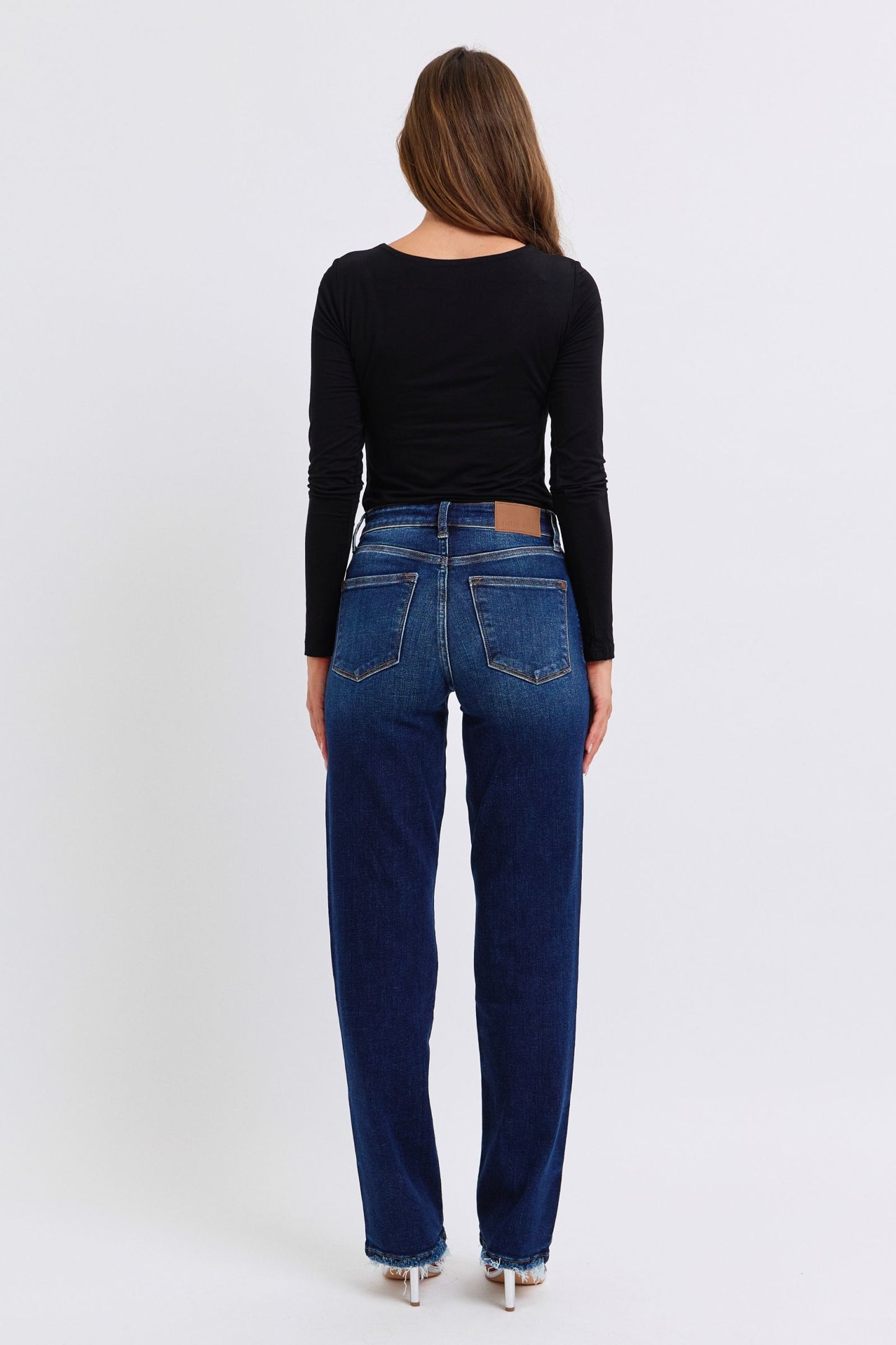 Judy Blue Full Size Raw Hem Straight Leg Jeans in Dark Wash Blue