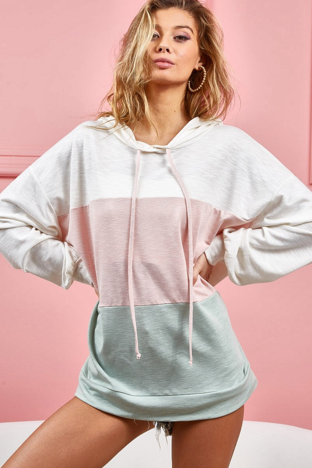 BiBi Drawstring Color Block Long Sleeve Hoodie Top