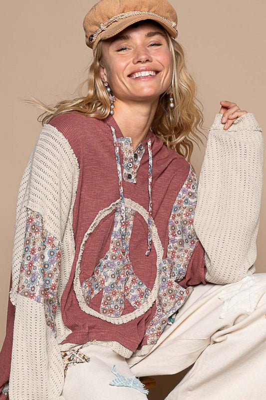 POL Soft Mixed Knit Long Sleeve Hoodie with Peace Sign in Brick Red Multi