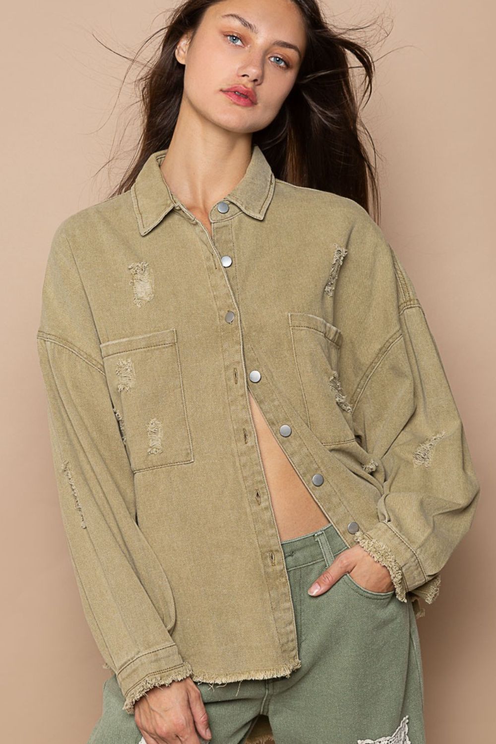 POL Raw Hem Distressed Button-Down Shirt Jacket in Mocha Herb