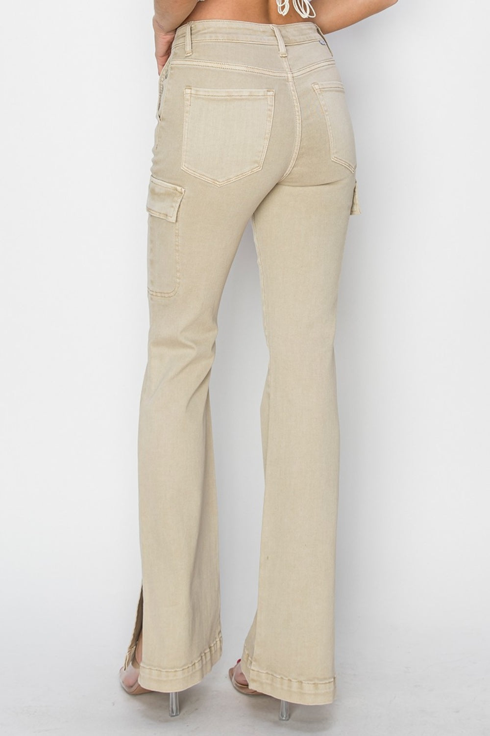 RISEN Full Size High Rise Side Slit Cargo Bootcut Jeans in Stone Beige