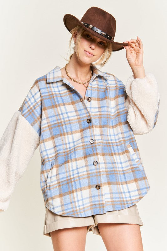 Jade By Jane Sherpa Sleeve Plaid Shirt Jacket with Pockets in Blue or Green Multi NWT