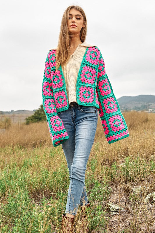 Davi & Dani Two-Tone Floral Square Crochet Open Knit Cropped Cardigan