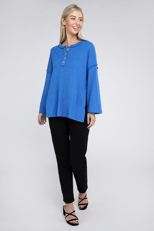 Zenana Slit Hem Bell Sleeve Ribbed Henley Sweater in 5 Colors